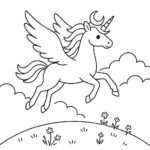 Page à colorier d&rsquo;une licorne, être magique volant à travers les nuages
