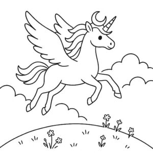 Coloring page of a unicorn, magical being flying through clouds