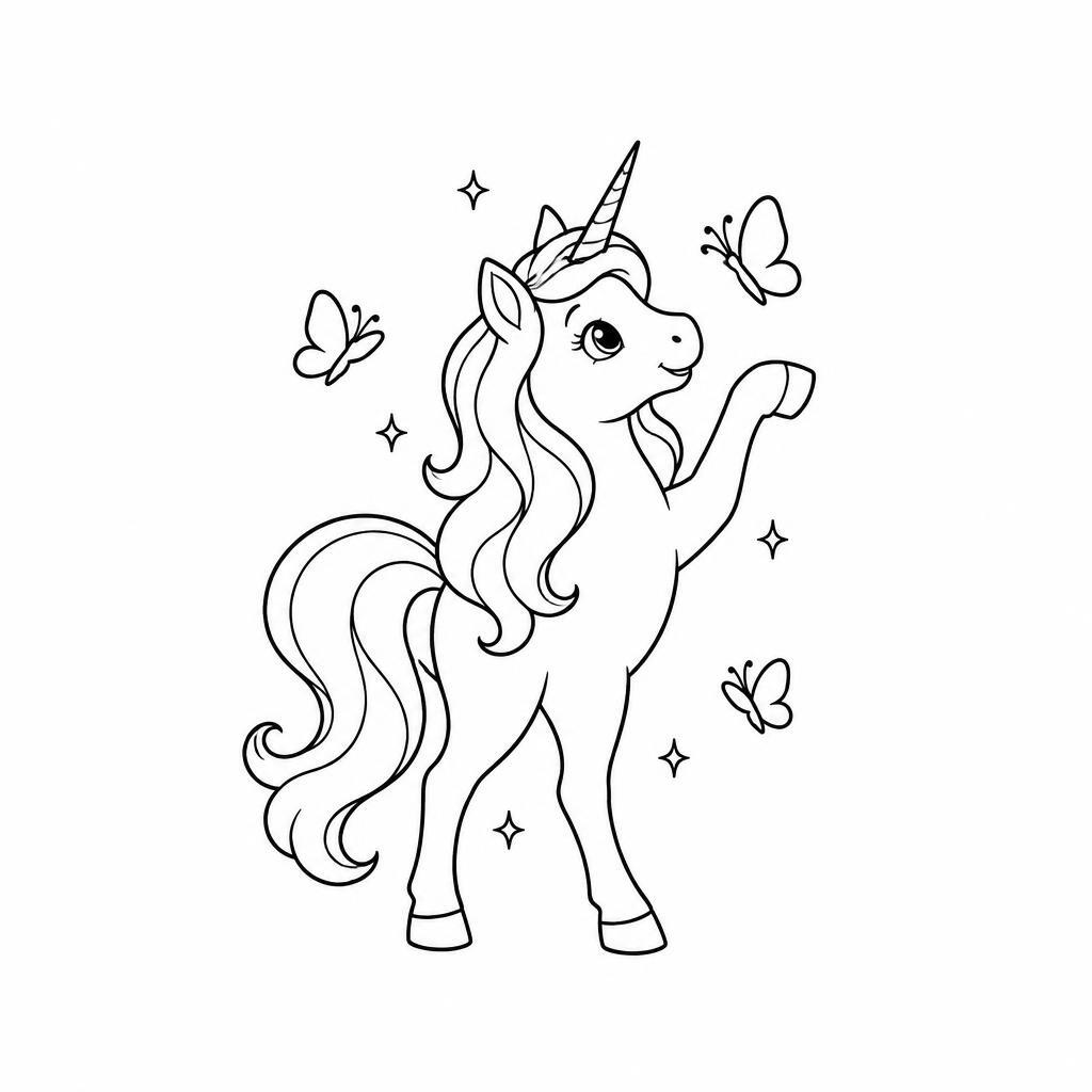 Coloring page of a unicorn, magical being playing with butterflies