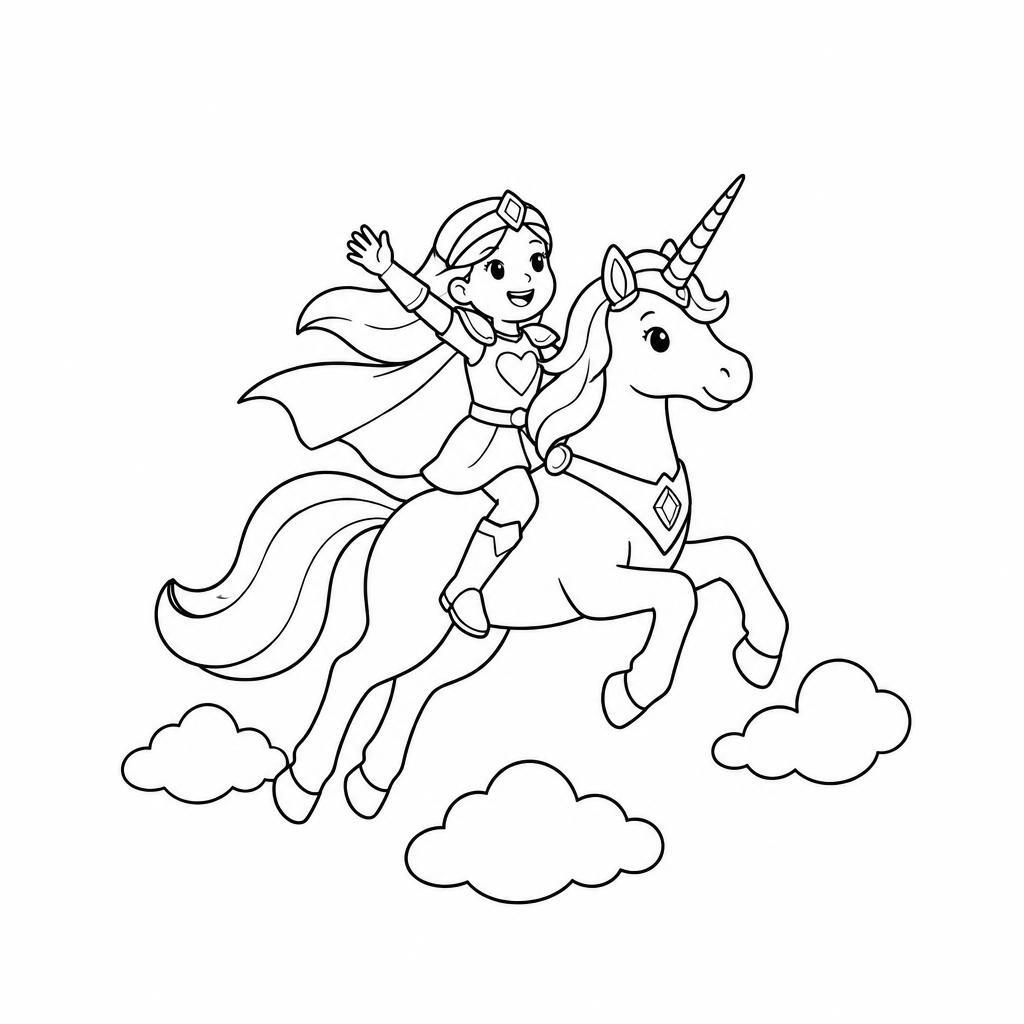 Coloring page of a unicorn, rainbow rider flying through clouds