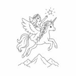 Coloriage d’une licorne chasseuse d’étoiles planant au-dessus des montagnes