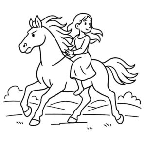 Coloring page of a war horse, mighty warhorse a woman riding gracefully