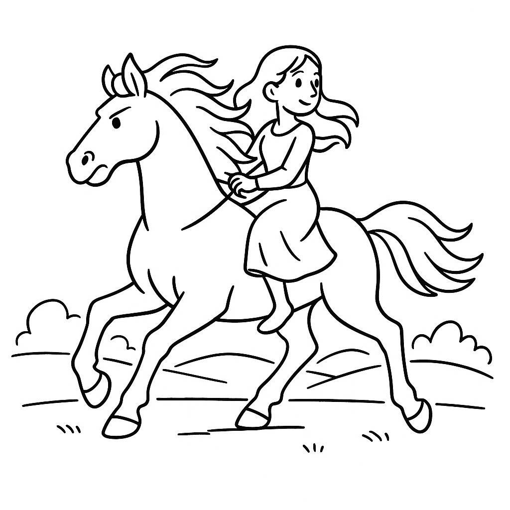 Coloring page of a war horse, mighty warhorse a woman riding gracefully