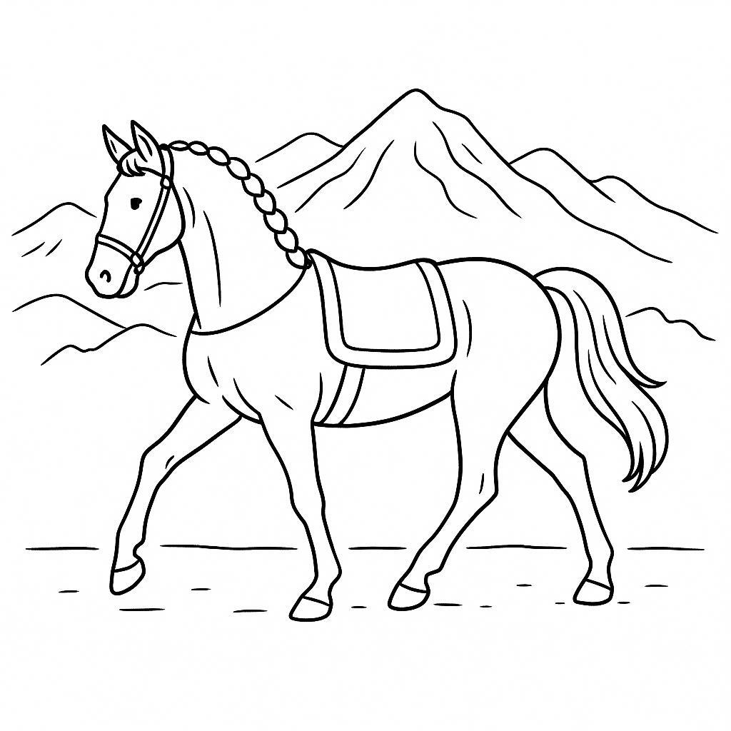 Coloring page of a war horse, racing champion trotting in a parade