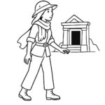 Page de coloriage d&rsquo;une femme aventurière, nomade du désert découvrant un temple caché