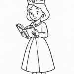 Page à colorier d&rsquo;une jeune reine, charmante leader lisant un ancien livre