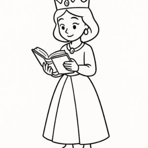 Coloring page of a young queen, charming leader reading an ancient book