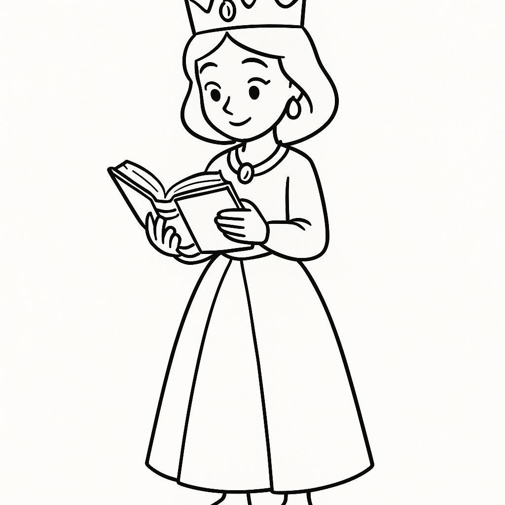 Coloring page of a young queen, charming leader reading an ancient book